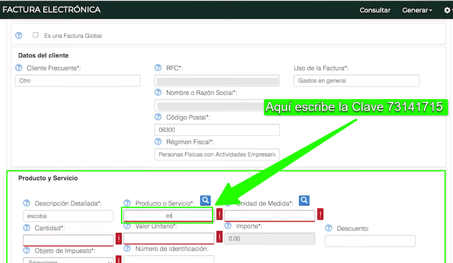 agregar clave sat 73141715 producto o servicio en factura sat